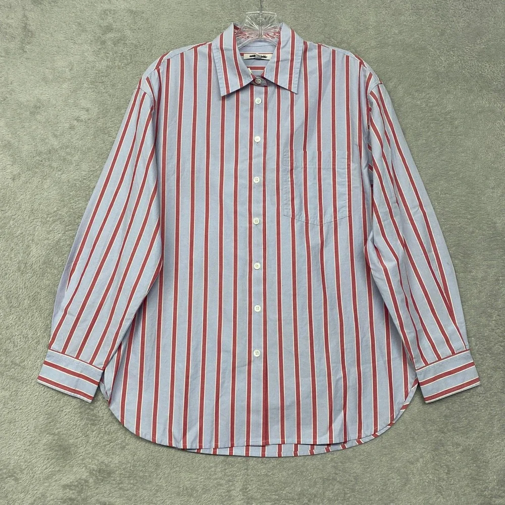 Madewell Top Womens XS Tranquil Blue Red Striped The Easy Shirt Cotton NZ421 - Picture 3 of 10